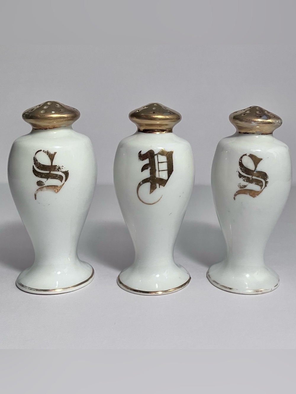 3 Antique NIPPON SALT & PEPPER Shakers / GOLD GILDING / Hand Painted PORCELAIN